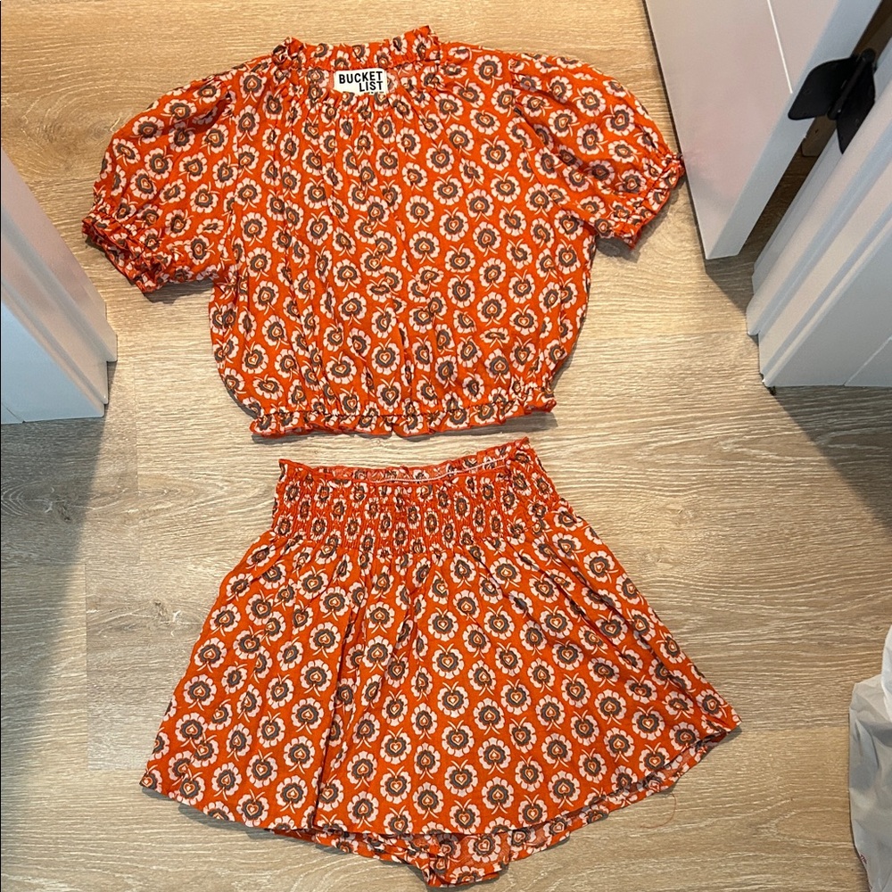 BUCKETLIST Orange Floral Two-Piece Crop Top and Skirt Set